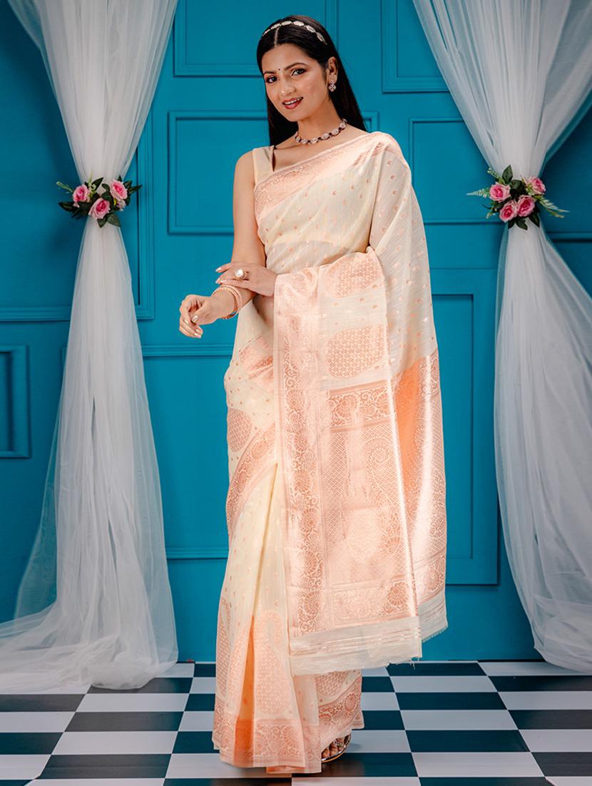off white art silk banarasi saree with blouse - 21227589 - Zoom Image - 0