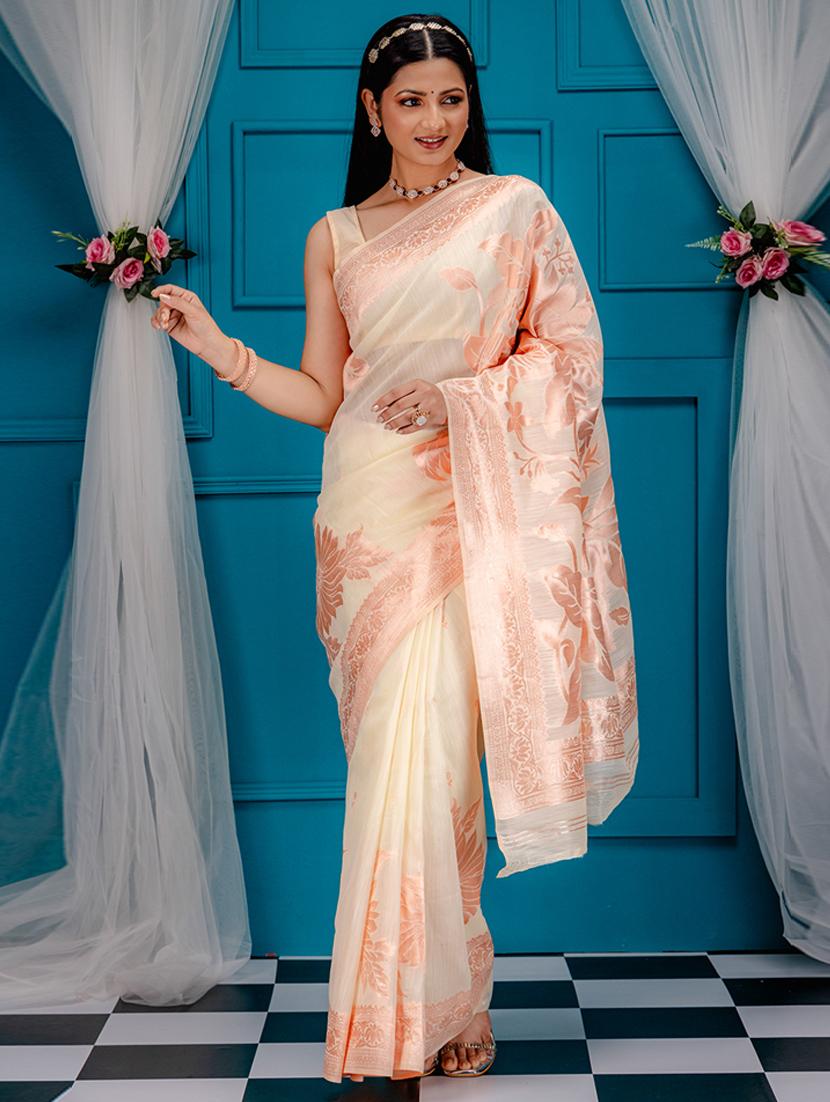 off white art silk banarasi saree with blouse - 21227594 - Zoom Image - 0