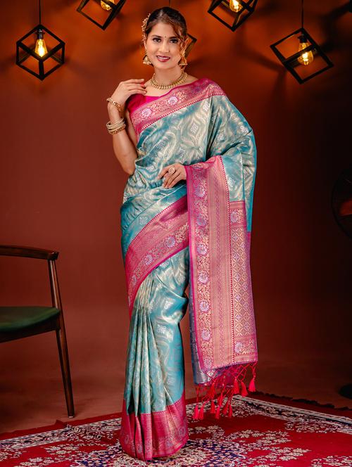 turquoise art silk kanjivaram saree with blouse - 21227607 - Standard Image - 0