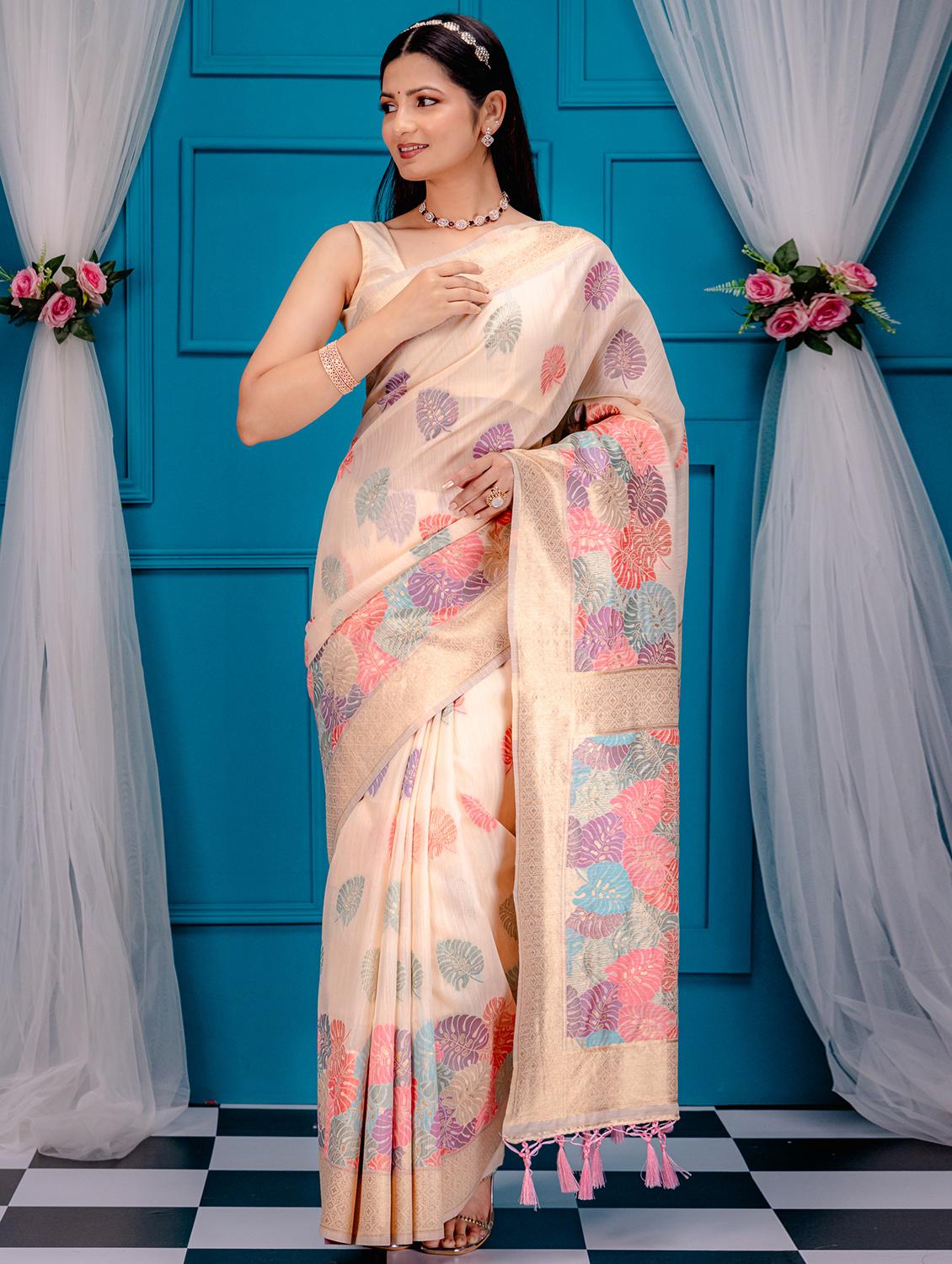 cream banarasi saree - 21227614 - Zoom Image - 0