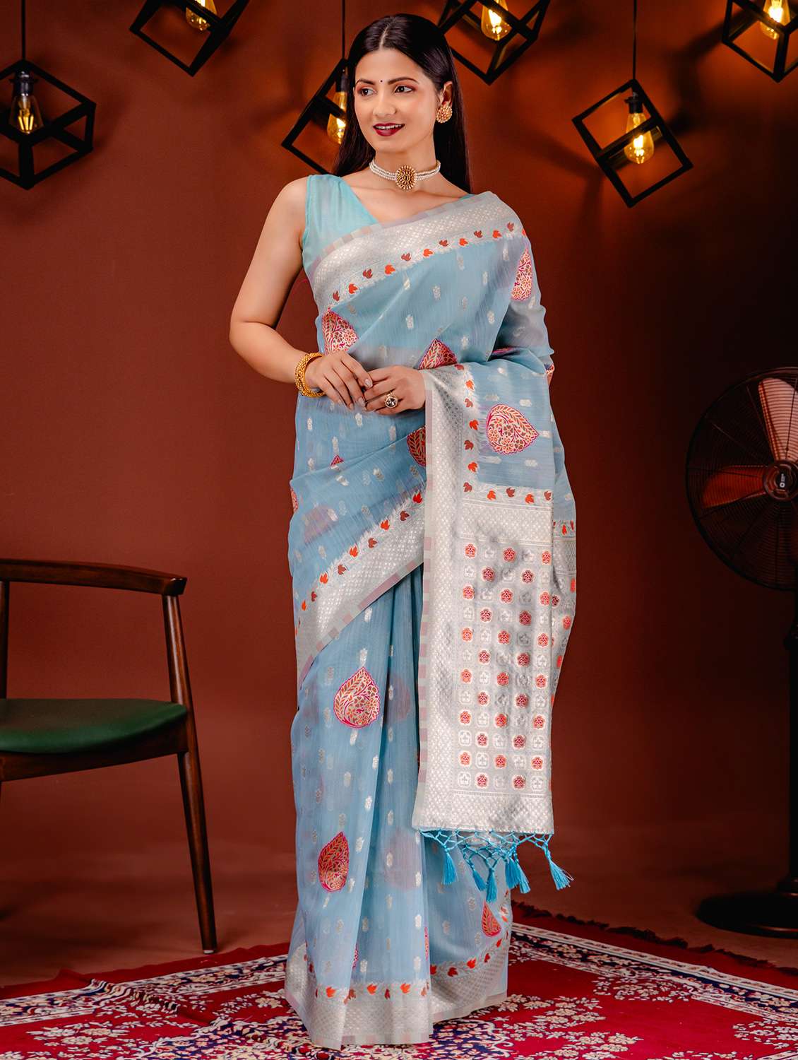 light blue banarasi saree with blouse - 21227632 - Zoom Image - 0