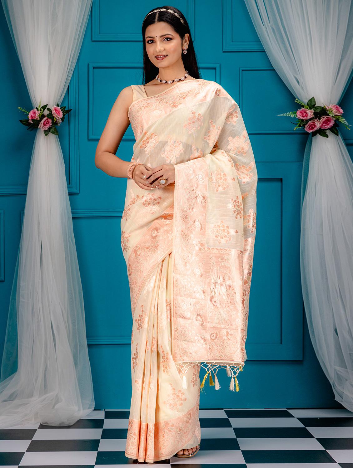 off white art silk banarasi saree with blouse - 21227663 - Zoom Image - 0