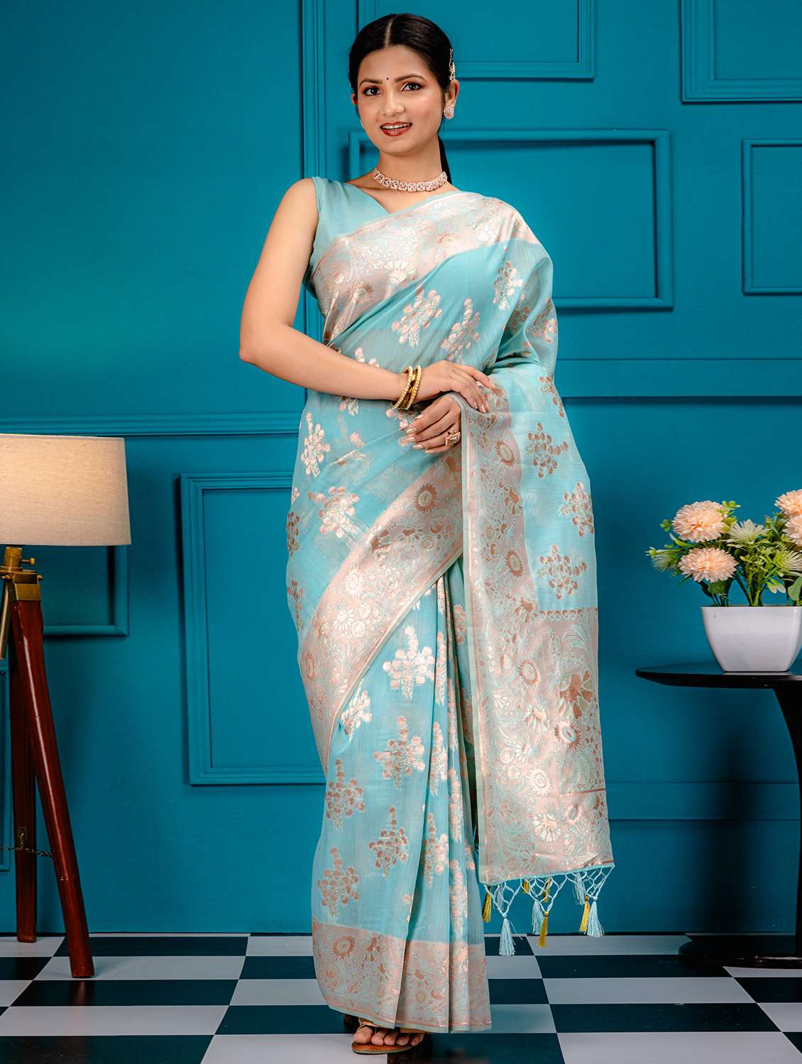 light blue banarasi saree with blouse - 21227665 - Zoom Image - 0