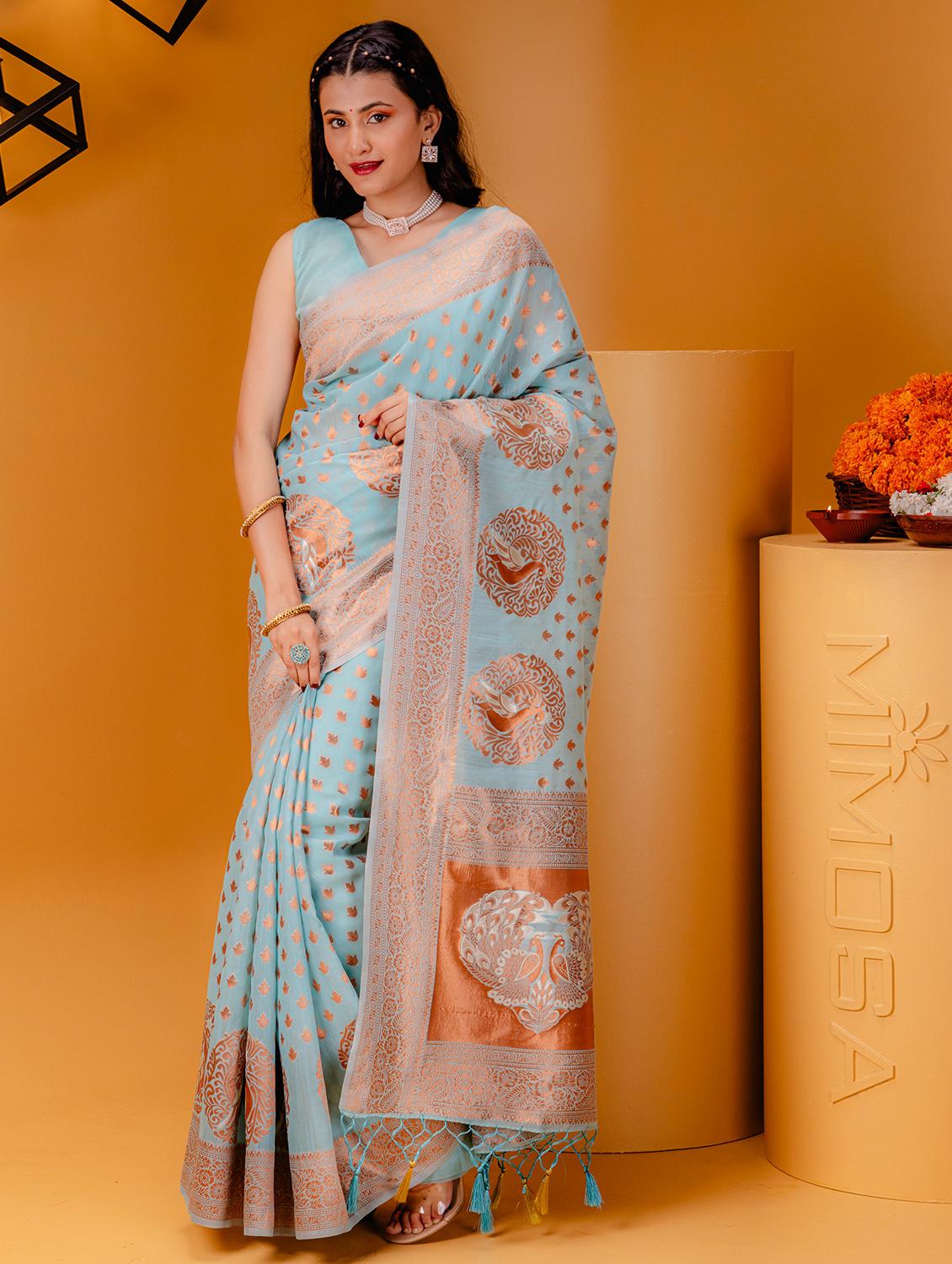 light blue banarasi saree with blouse - 21227671 - Zoom Image - 0