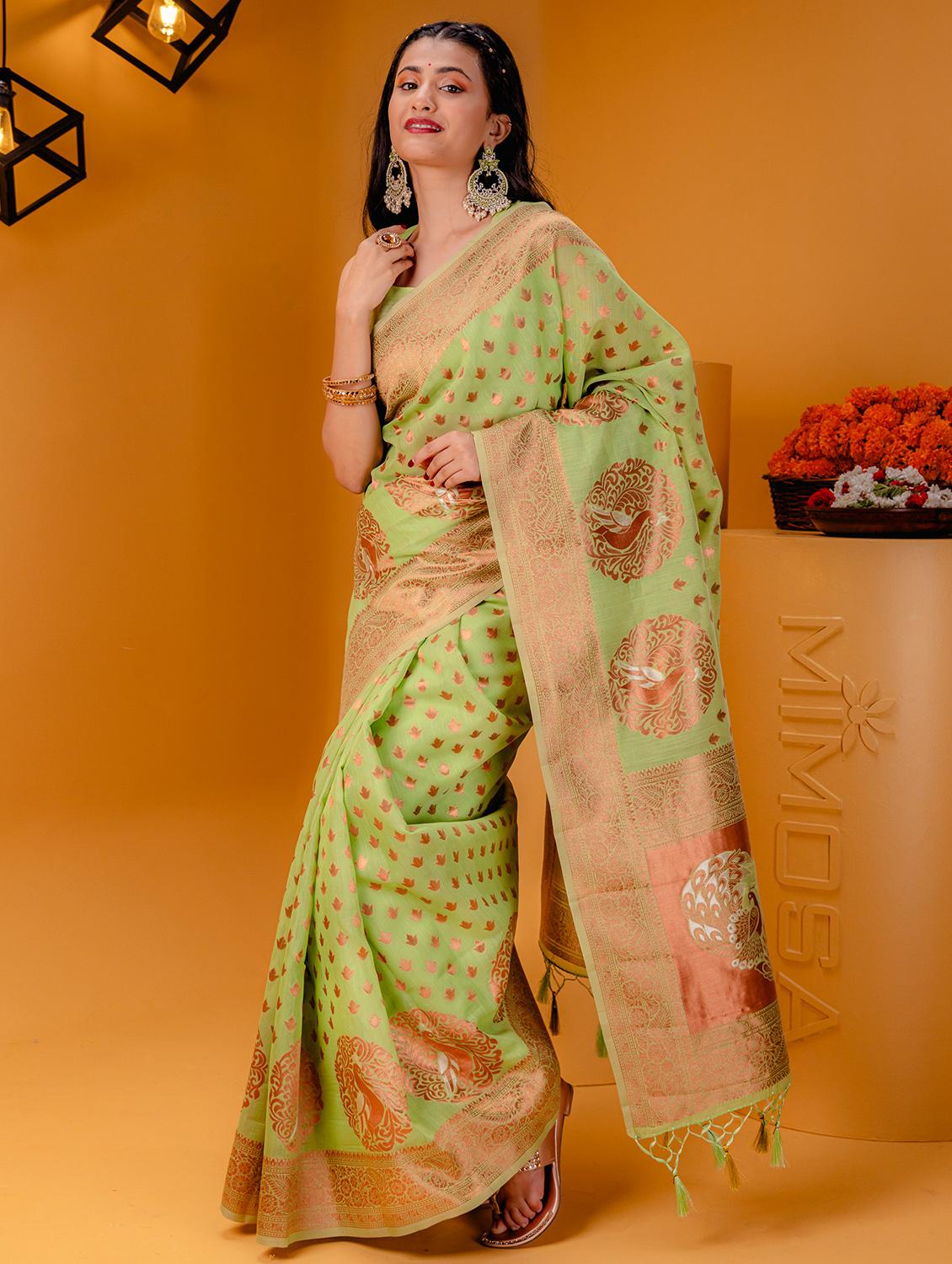 neo mint self design banarasi saree with blouse - 21227675 -  Zoom Image - 0