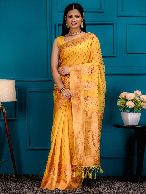 yellow banarasi saree with blouse - 21227677 -  Standard Image - 0