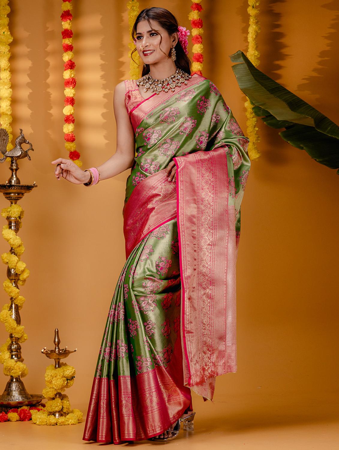 green art silk kanjivaram saree with blouse - 21227690 -  Zoom Image - 0