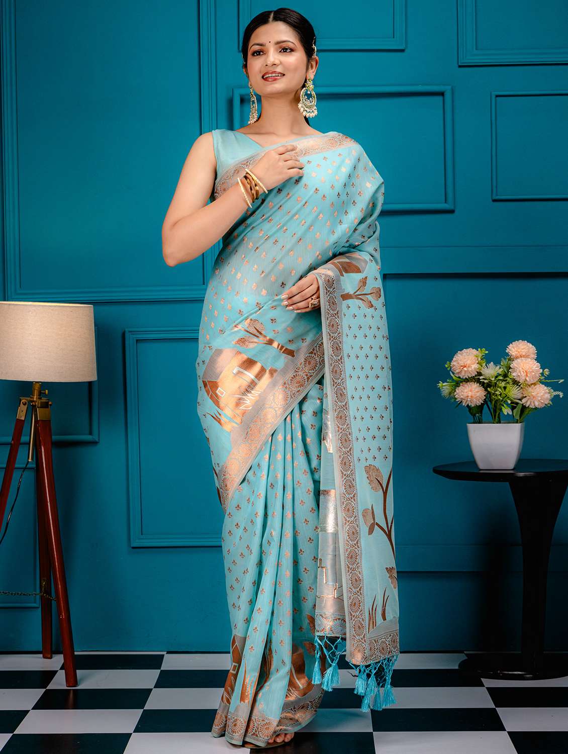 blue art silk banarasi saree with blouse - 21227699 -  Zoom Image - 0