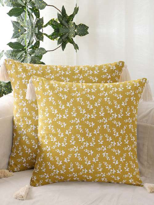 Yellow Floral Printed Cotton Cushion Cover 
