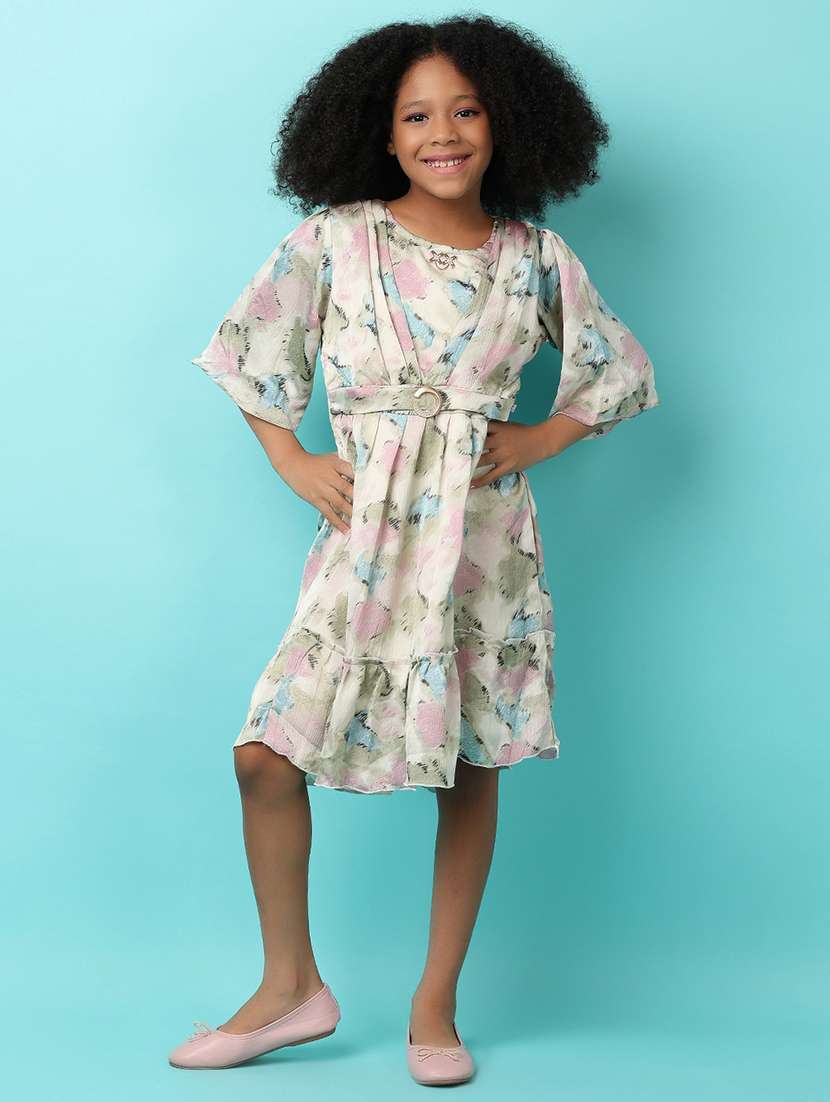 girls printed round neck tiered dress