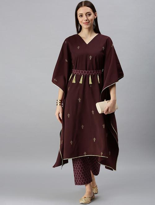 women maroon v neck kaftan set - 21230403 - Standard Image - 0