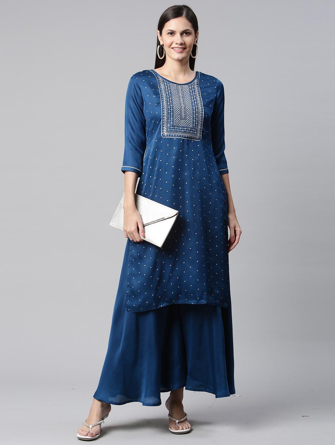women round neck kurta palazzo set - 21230670 - Standard Image - 3