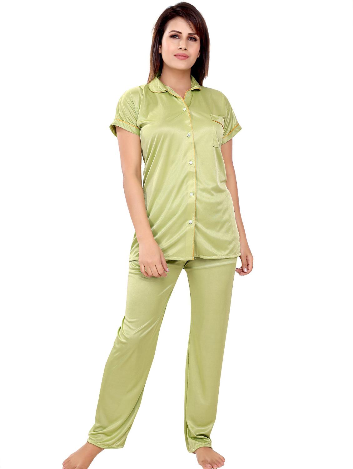 women solid satin pyjama nightwear set - 21231240 -  Zoom Image - 0