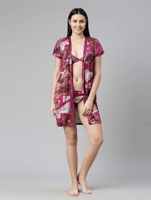 women 3 piece printed satin night set - 21231447 -  Standard Image - 0