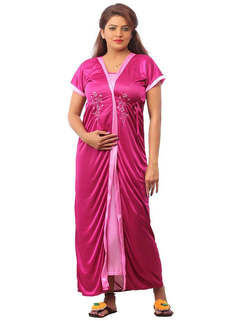 Buy online Women Solid Satin Nighty With Robe from sleepwear for