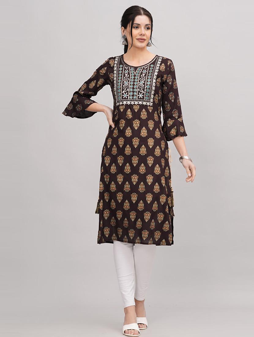 women three quarter sleeve printed straight kurta