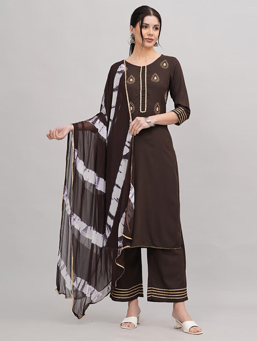 brown embellished kurta palazzo set  - 21232129 -  Zoom Image - 0