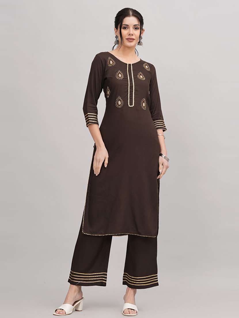 brown embellished kurta palazzo set