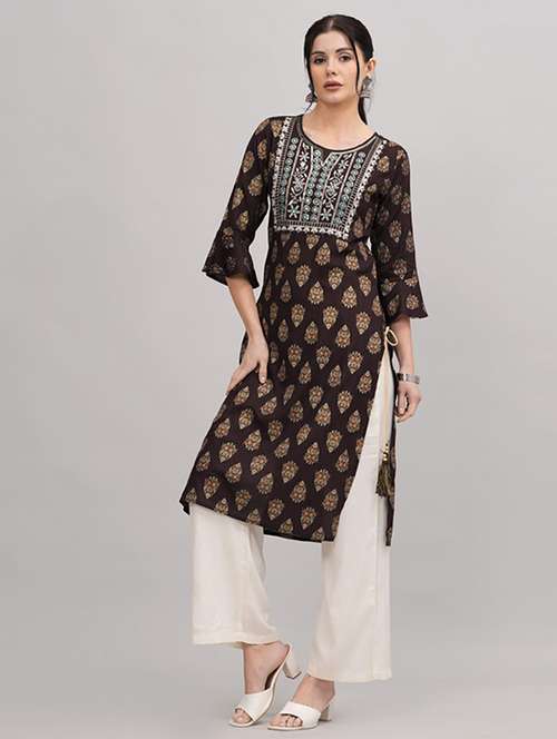 brown printed kurta palazzo set - 21232158 -  Standard Image - 0