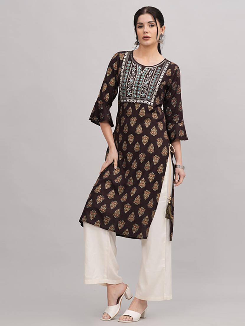 brown printed kurta palazzo set - 21232158 -  Zoom Image - 0