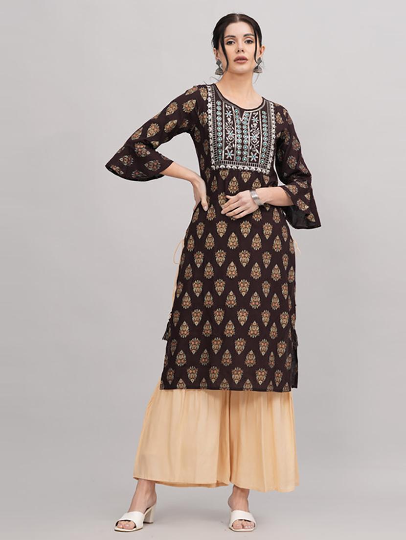 brown printed kurta sharara set