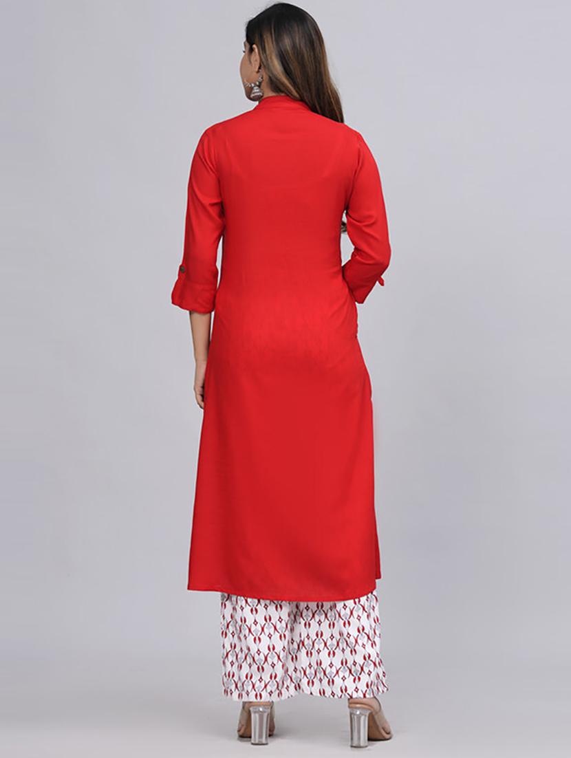 red embellished kurta palazzo set - 21232193 - Standard Image - 3