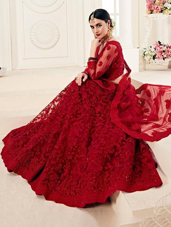 red net flared lehenga - 21232719 - Standard Image - 3