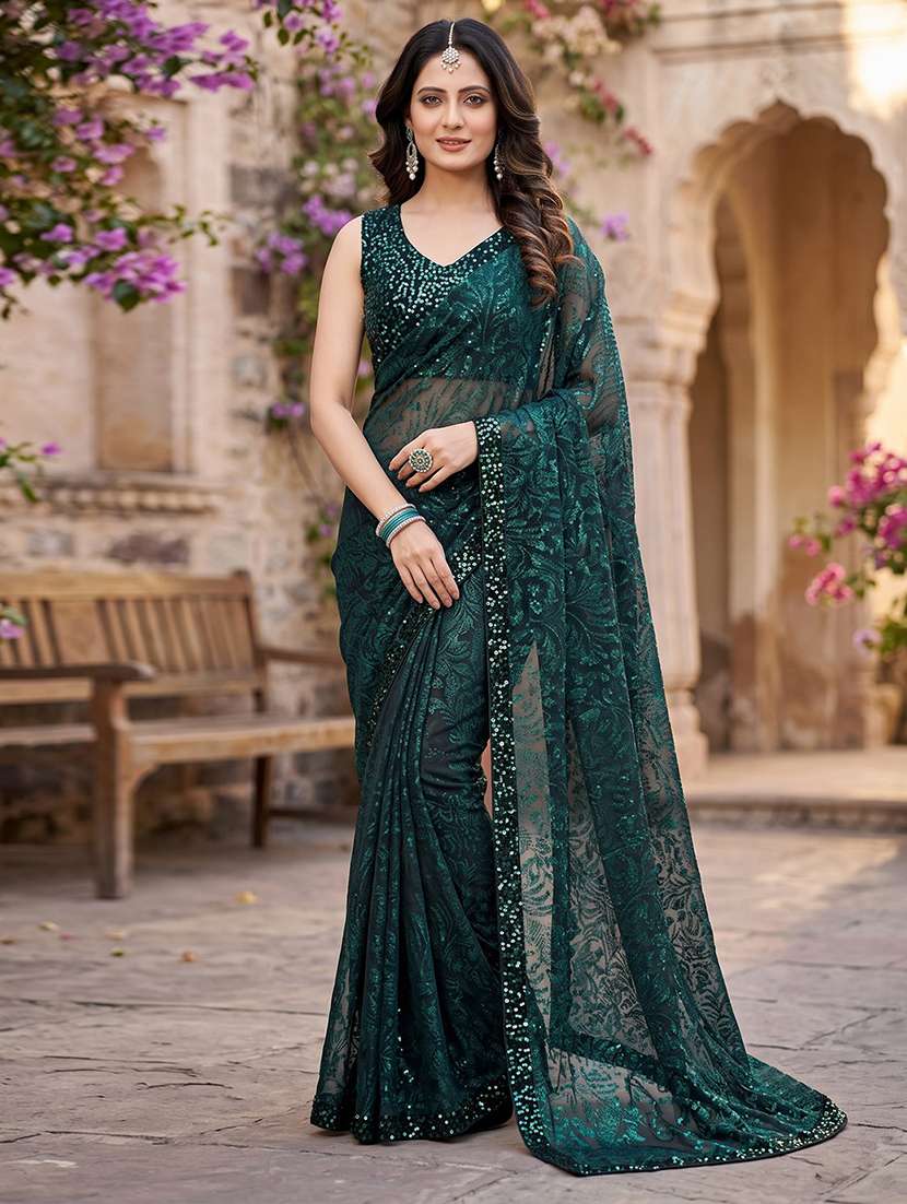 bottle green bordered saree with blouse