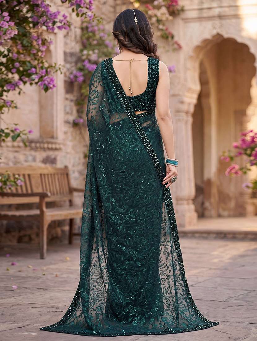 Bottle Green Bordered Saree With Blouse - 21233502 -  Standard Image - 3