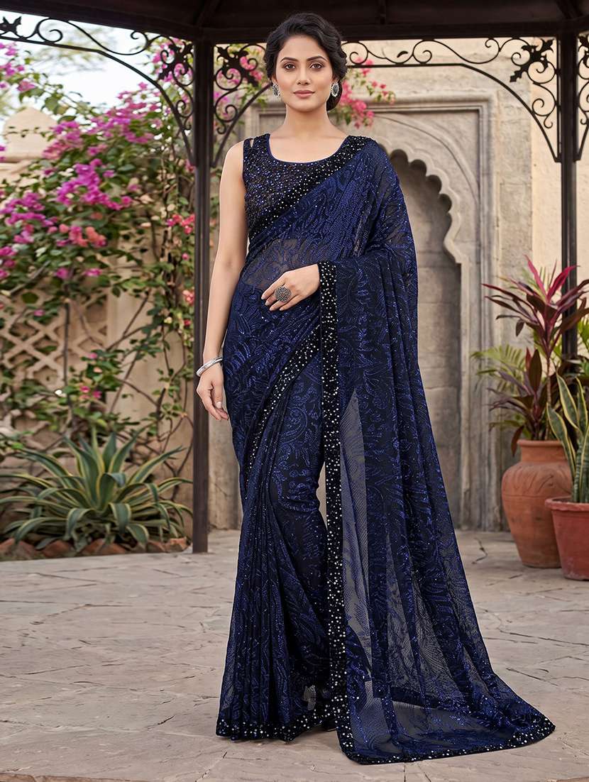 women navy blue bordered saree with blouse
