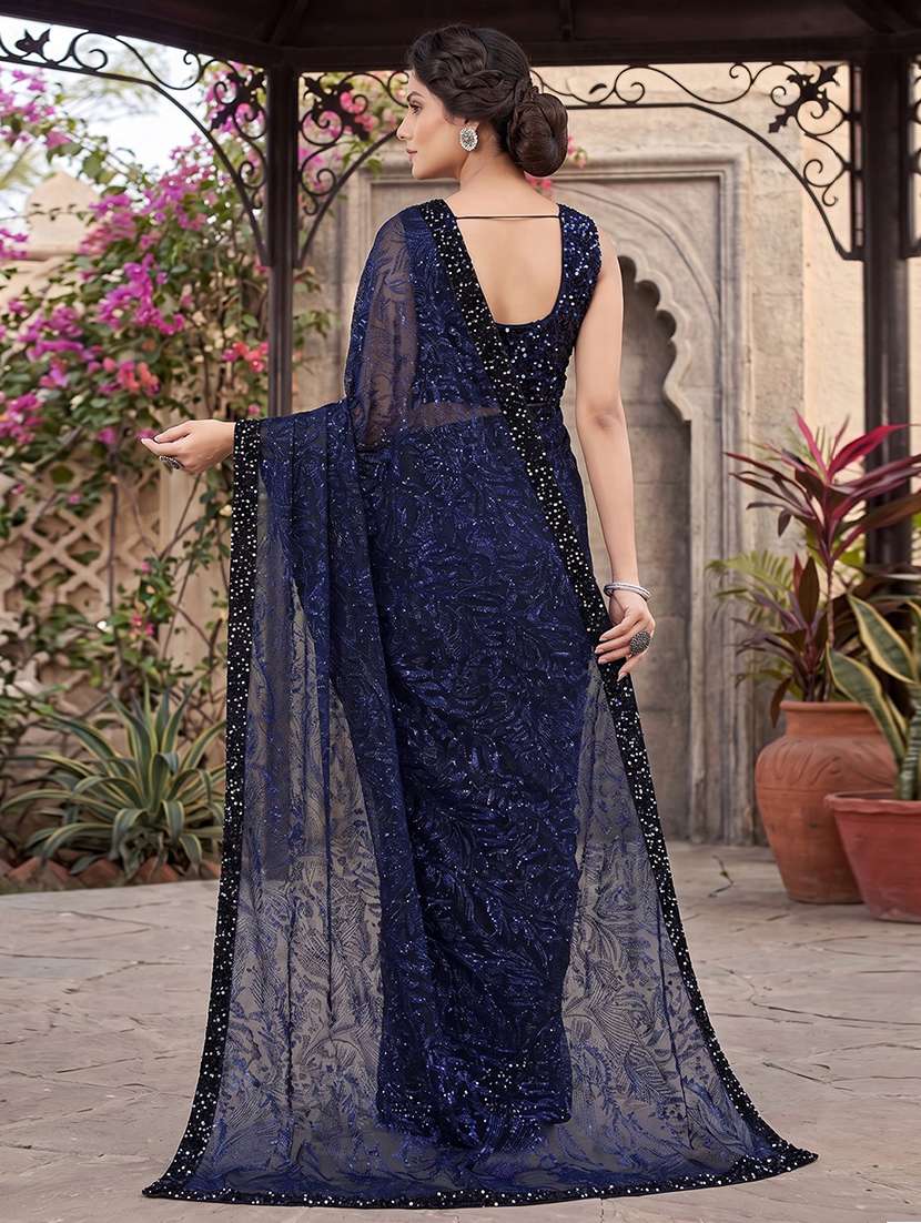 Women Navy Blue Bordered Saree With Blouse - 21233503 -  Standard Image - 3