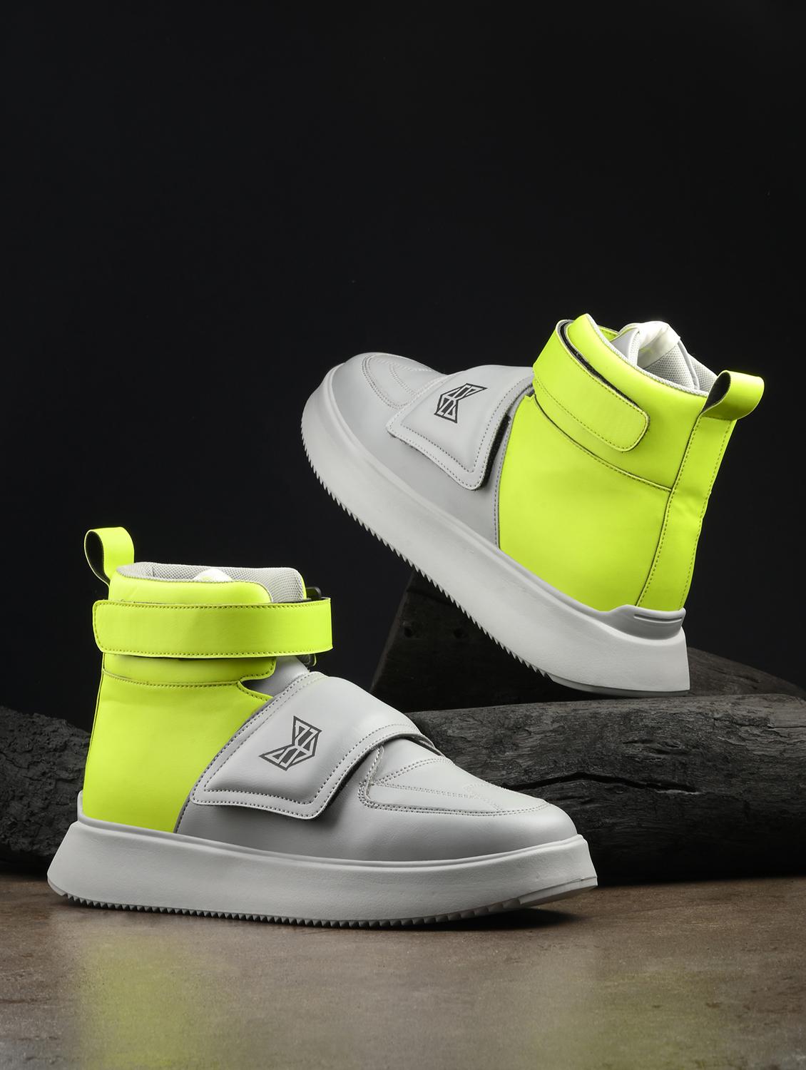 men neon green color block high neck sneakers