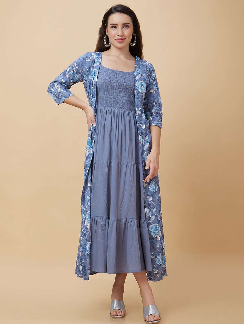 blue cotton fit & flare ethnic dress