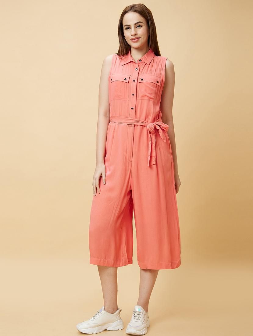 coral solid rayon calf length jumpsuit - 21237736 - Zoom Image - 0