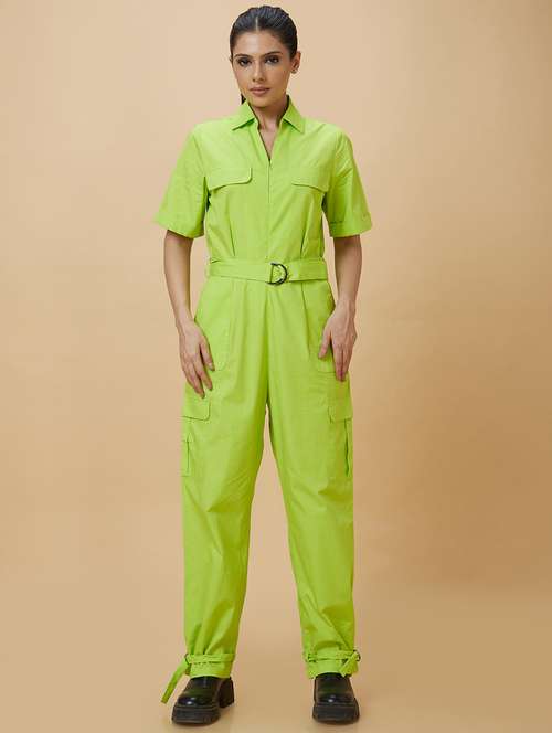 green solid cotton full leg jumpsuit - 21237738 - Standard Image - 0