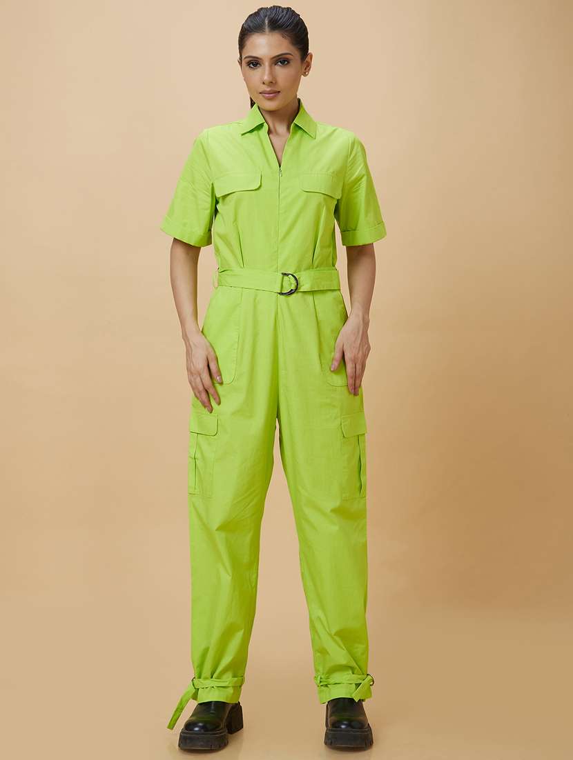 green solid cotton full leg jumpsuit - 21237738 - Zoom Image - 0