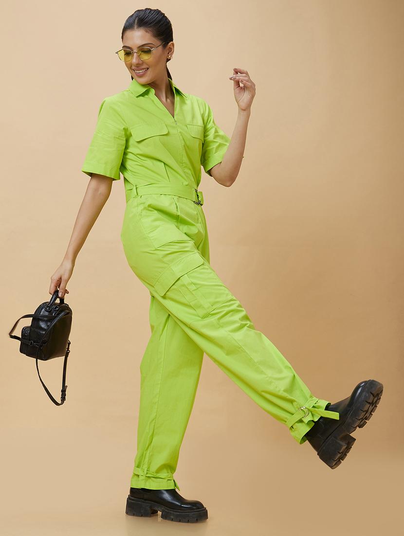 green solid cotton full leg jumpsuit - 21237738 - Standard Image - 3