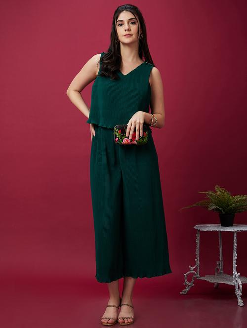 globus women green v-neck accordion pleats party jumpsuit - 21237743 - Standard Image - 0