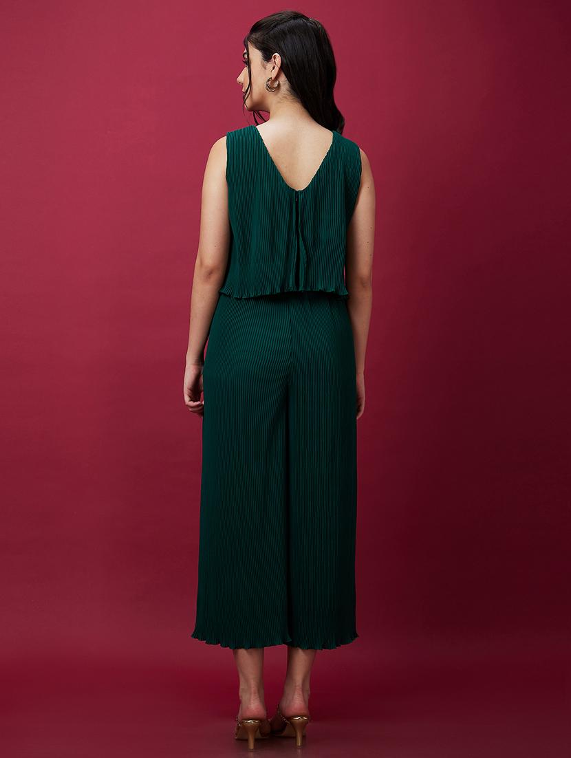 globus women green v-neck accordion pleats party jumpsuit - 21237743 - Standard Image - 3