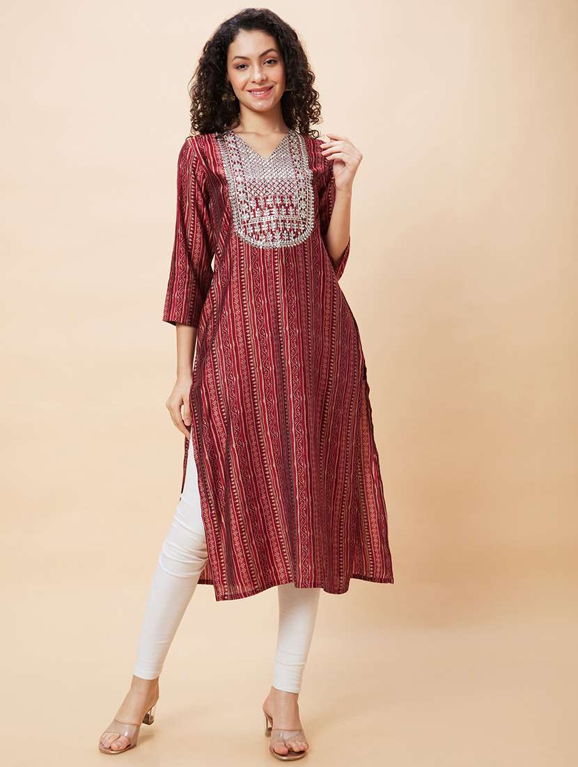 women three quarter sleeve straight kurta - 21237785 -  Standard Image - 3