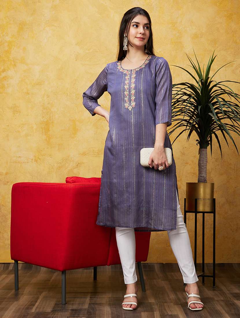 women three quarter sleeve straight kurta - 21237821 -  Standard Image - 3