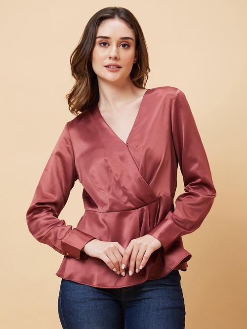 globus women dusty pink long cuffed sleeves v-neck wrap party top - 21237838 -  Standard Image - 0