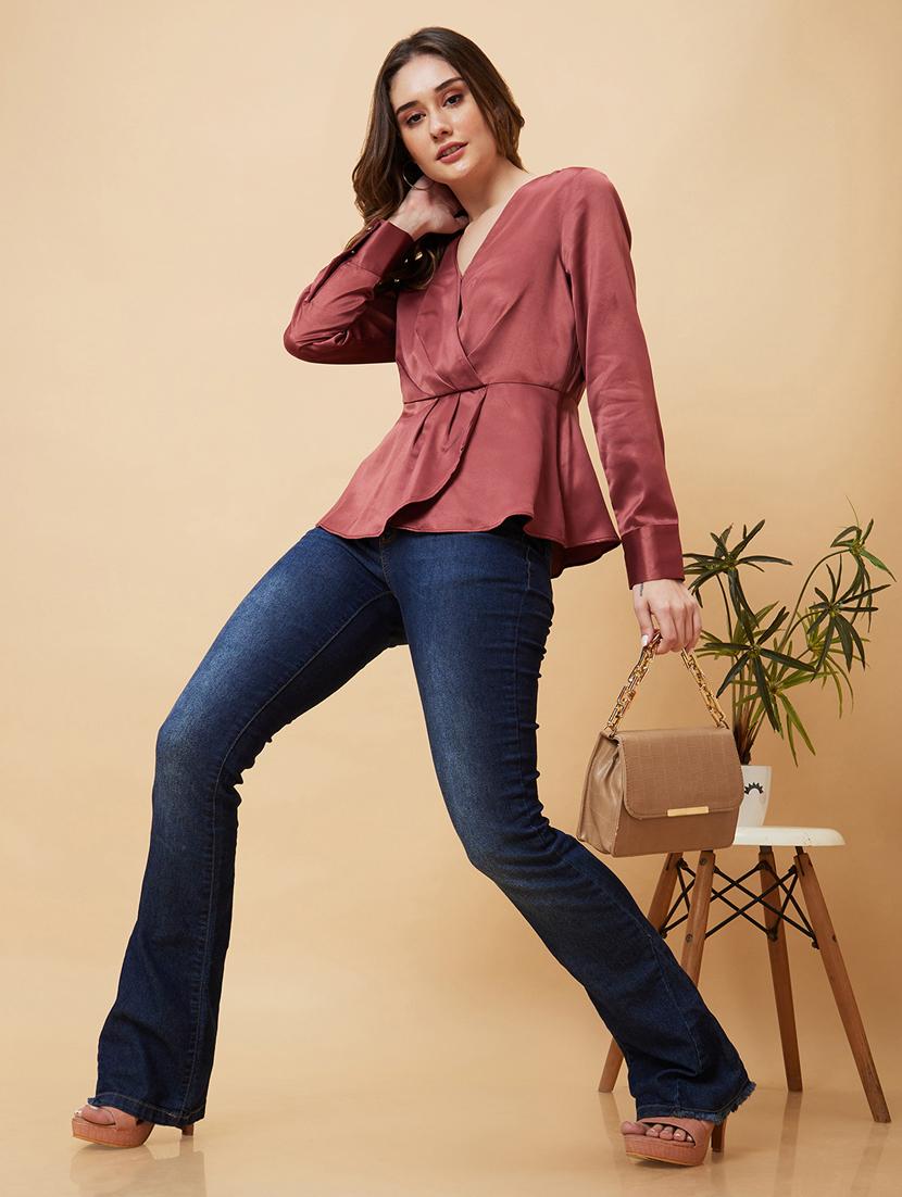 globus women dusty pink long cuffed sleeves v-neck wrap party top - 21237838 - Standard Image - 3