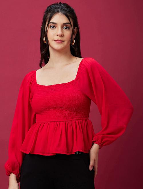 globus women red square neck bishop sleeve smocked peplum party top - 21237873 - Standard Image - 0