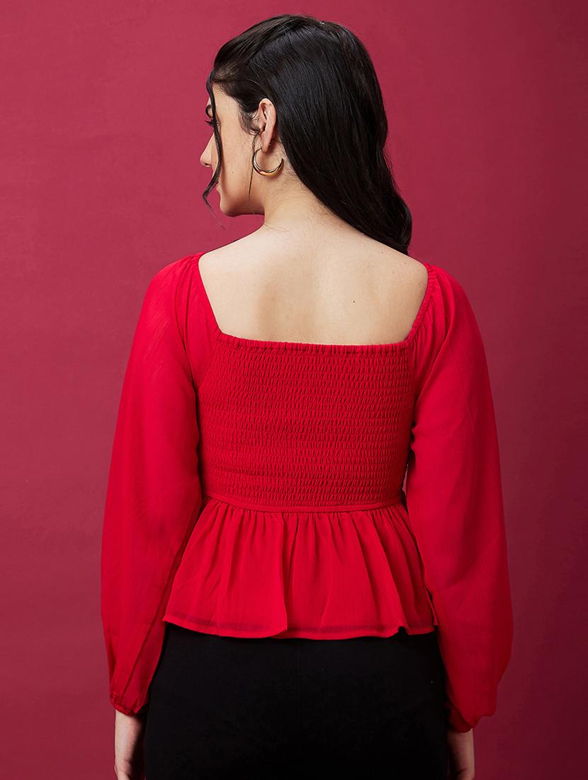 globus women red square neck bishop sleeve smocked peplum party top - 21237873 - Standard Image - 3