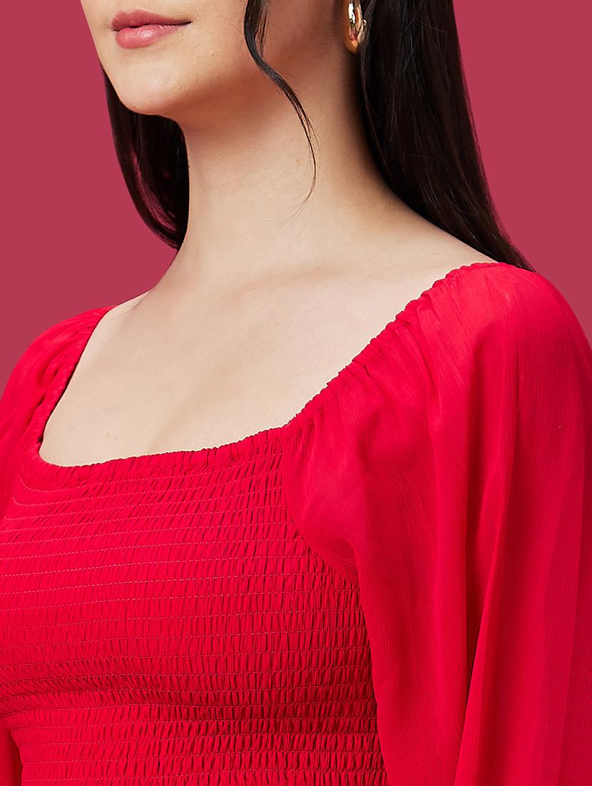 globus women red square neck bishop sleeve smocked peplum party top - 21237873 - Standard Image - 5