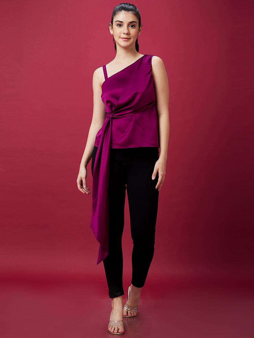 globus women wine strappy one shoulder waist tie-up party top - 21237879 -  Zoom Image - 0