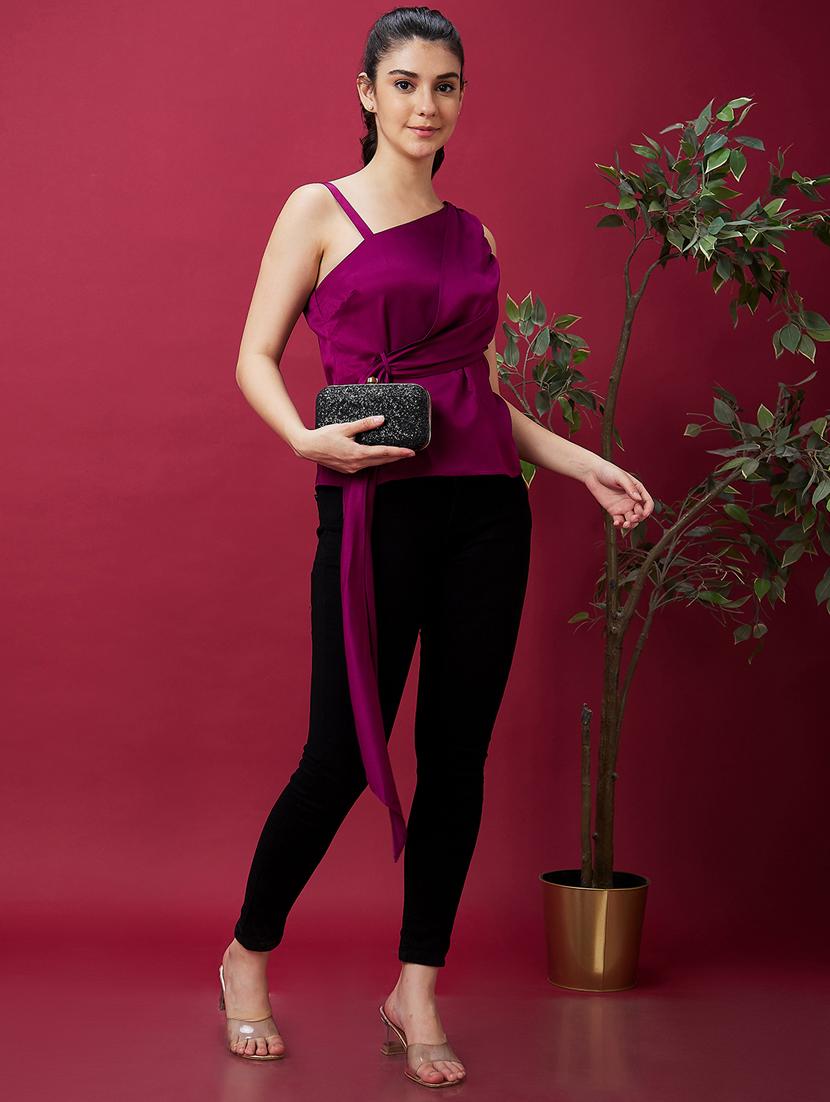 globus women wine strappy one shoulder waist tie-up party top - 21237879 - Standard Image - 3