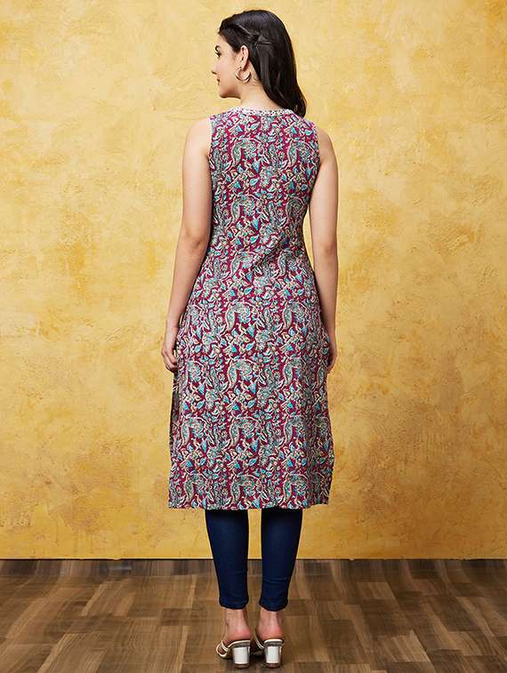 globus women wine allover ethnic motifs flared hem a-line calf length kurta - 21237919 - Standard Image - 3