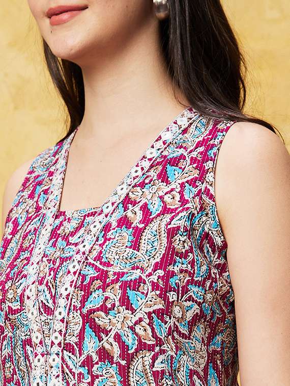 globus women wine allover ethnic motifs flared hem a-line calf length kurta - 21237919 - Standard Image - 5